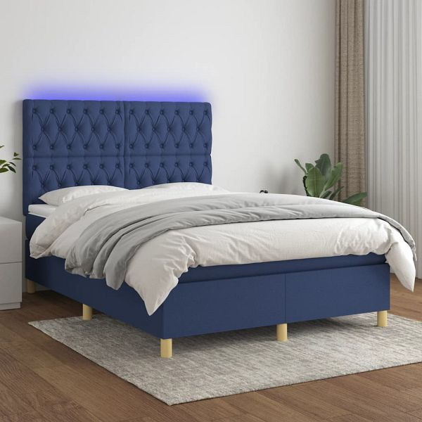 vidaXL Boxspringbett mit Matratze & LED Blau 140x200 cm Stoff, 3135683