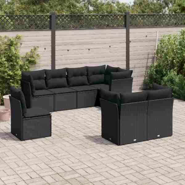 vidaXL 8-tlg. Garten-Sofagarnitur mit Kissen Schwarz Poly Rattan, UV-beständig, 3217925
