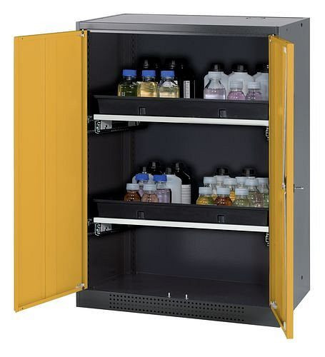 asecos Chemikalienschrank Systema-T CS-82, Korpus anthrazit, Flügeltüren gelb, 2 Tablarauszüge, 208645