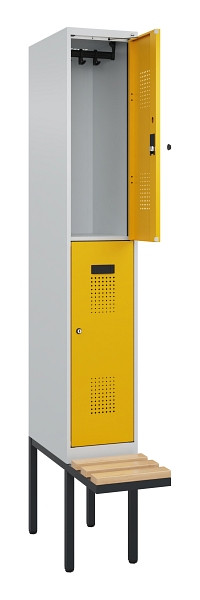 C+P Doppelstock-Spind Evolo PLUS, Bank, 2 Fächer, 2120x300x815mm, 7035/1004, Zylinderschloss, Sitzfläche Buche-Hartholz, 0493407-10 S10027