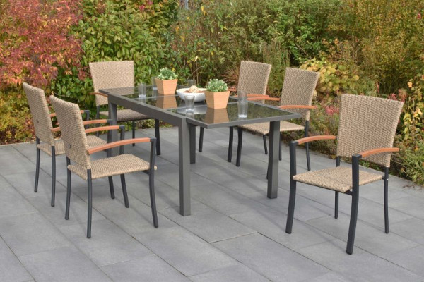 Merxx Teramo Set 7-teilig, 6 Stapelsessel, 1 Ausziehtisch 150 (210) x 90 cm, graue Glasplatte, graphit/natur, 51139-259