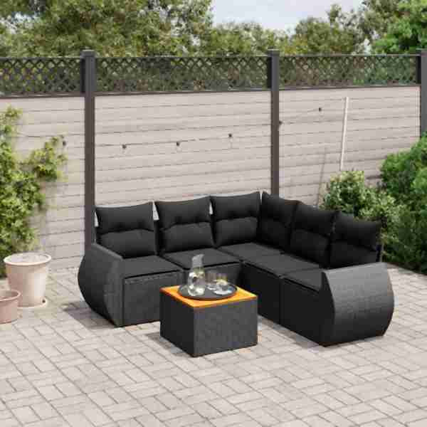 vidaXL 6-tlg. Garten-Sofagarnitur mit Kissen Schwarz Poly Rattan, UV-beständig, 3224998