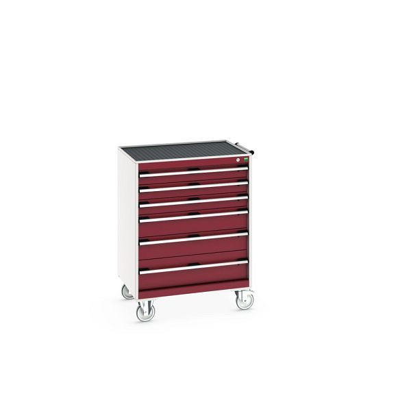 bott cubio Schubladenschrank mobil bestückt, mit 6 Schubladen, BxTxH: 800x650x1085mm, RAL 7035/3004, Purpurrot, 40402063.24V