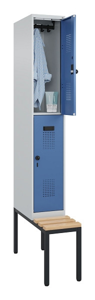 C+P Doppelstock-Spind Evolo PLUS, Bank, 2 Fächer, 2120x300x815mm, 7035/5023, Drehriegel, Sitzfläche Buche-Hartholz, Sitzbank, 0493507-10 S10008