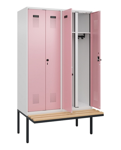 C+P Schwarz-Weiß-Spind Evolo PLUS, Bank, 4 Abteile, 2120x1200x815mm, 9016/3015, Drehriegel, Sitzfläche Holz, 0490427-40 S10018