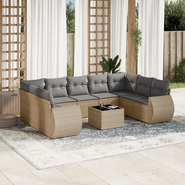 vidaXL 10-teilig Garten-Sofagarnitur mit Kissen Beige Poly Rattan, 3254146