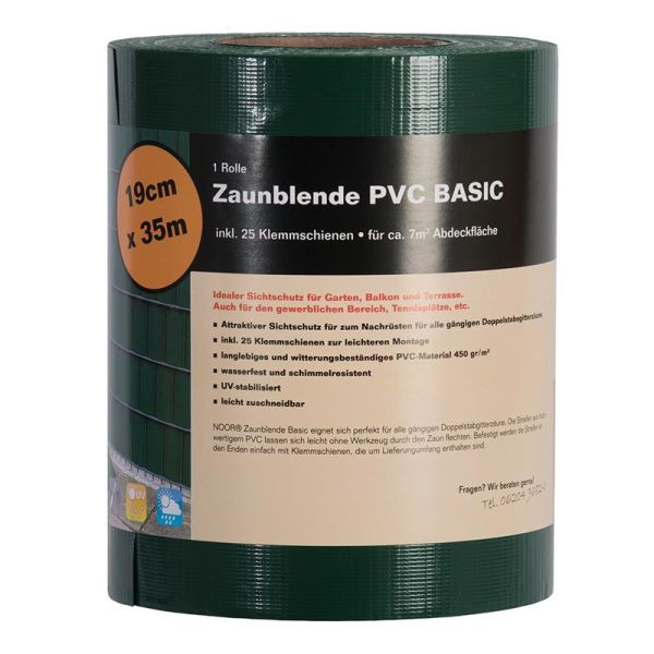 NOOR Sichtschutzstreifen PVC Zaunblende 0,19 x 35m Basic 450 g/m² inklusive 25 Klemmschienen Farbe: grün (RAL 6005), 15512-BASIC-2