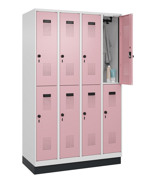 C+P Doppelstöckiger Spind Evolo PLUS, mit Sockel, 8 Fächer, 1950x1200x500mm, 901, Frontfarbe RAL 3015 Hellrosa, Drehriegel, 049320-40 S10018
