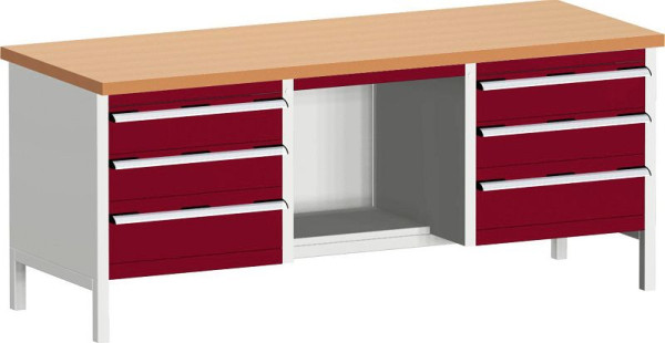 bott cubio Kastenwerkbank mit 6 Schubladen Ablage, Rotbuche-Arbeitsplatte BxTxH: 2000 x 750 x 840 mm, RAL 7035/3004, 41002074.24V