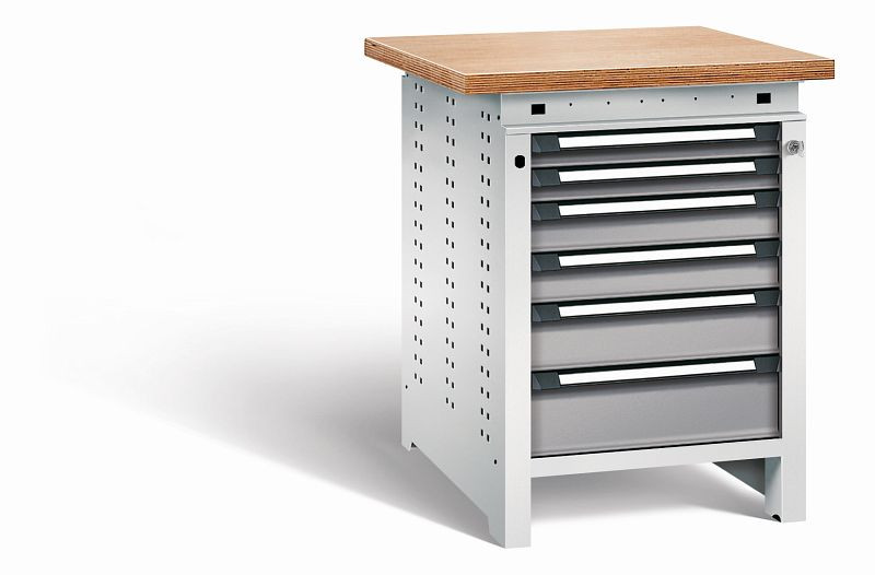 Otto Kind Werkbank Serie function Typ 110, Multiplexplatte, überstehend, 6 Schubladen, mit Zentralverschluss, Gehäuse RAL 7035, Front RAL 7037, 072327267