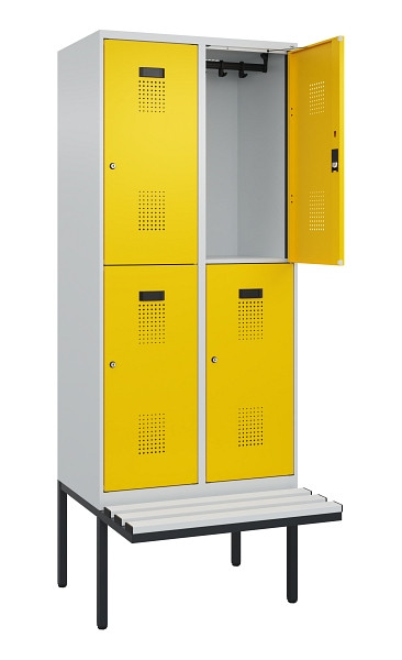 C+P Doppelstock-Spind Evolo PLUS, Bank, 4 Fächer, 2120x800x815mm, 7035/1023, Zylinderschloss, Sitzfläche Kunststoff, 0493407-22 S10109