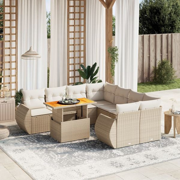 vidaXL 9-tlg. Garten-Sofagarnitur mit Kissen Beige Poly Rattan, 3272122