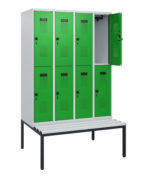 C+P Doppelstöckiger Spind Evolo PLUS, Bank, 8 Fächer, 1950x1200x815mm, 7035/6037, Drehriegel, Sitzfläche Kunststoff, Sitzbank, 0493505-40 S10103