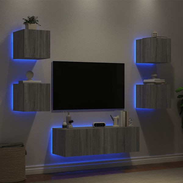 vidaXL 5-teilig TV-Wohnwand mit LED-Leuchten Grau Sonoma, 3216865