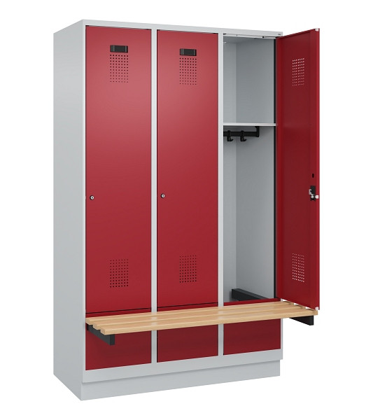 C+P Spind Evolo PLUS, 3 Abteile, 1950x1200x815mm, 7035/3003, Zylinderschloss, Sitzfläche Holz, mit Sockel, 049040-32 S10031