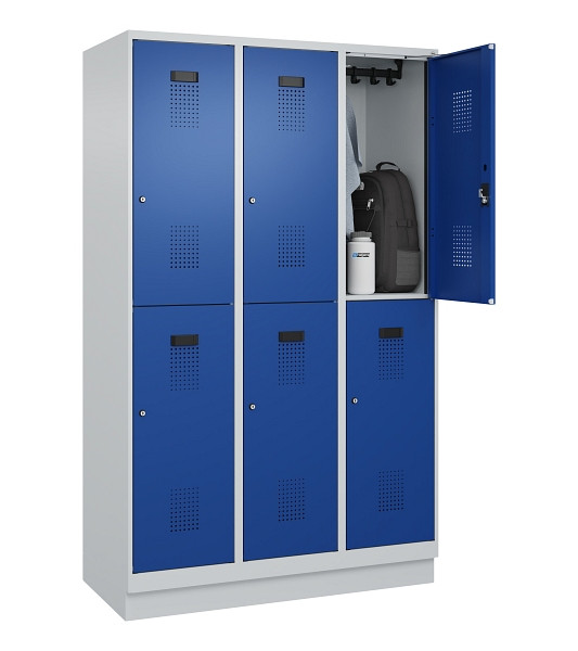 C+P Doppelstöckiger Spind Evolo PLUS, mit Sockel, 6 Fächer, 1950x1200x500mm, 703, Frontfarbe RAL 5010 Enzianblau, Zylinderschloss, 049320-32 S10033