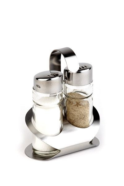 APS Pfeffer-/Salz-Menage -Pro-, 8,5 x 5,7 cm, Höhe: 11,5 cm, Edelstahl matt, Pfeffer-/Salz-, Glasstreuer mit Edelstahldeckel, 40470
