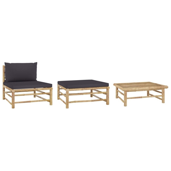 vidaXL 3-tlg. Garten-Lounge-Set mit Dunkelgrauen Kissen Bambus, 313150