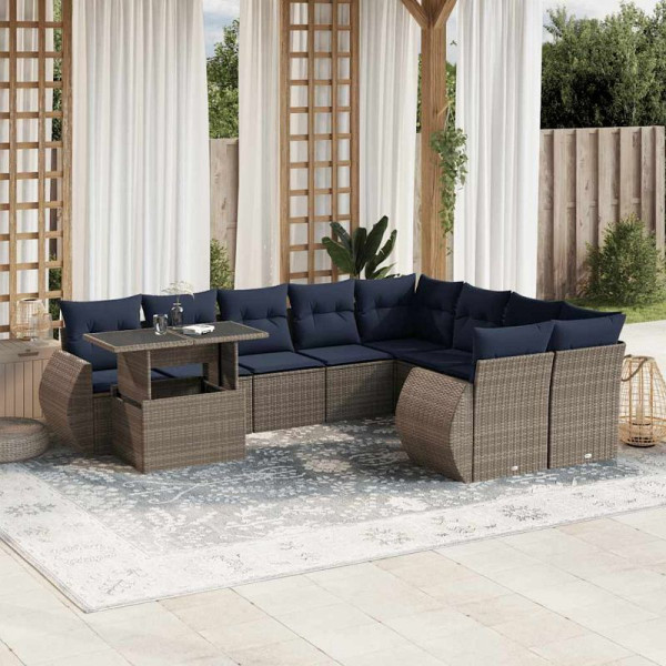 vidaXL 10-teiliges Gartensofa-Set mit Kissen, grau, Polyrattan, 3268771