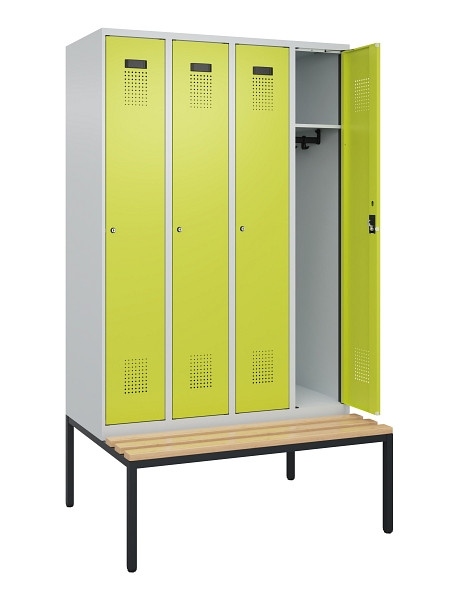 C+P Spind Evolo PLUS, 4 Abteile, 2120x1200x815mm, 7035/0024, Haken 3, Zylinderschloss, Sitzfläche Buche-Hartholz, Sitzbank, 0490507-40 S10042