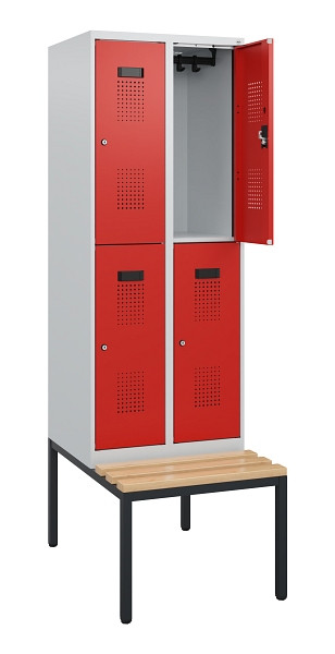 C+P Doppelstöckiger Spind Evolo PLUS, Bank, 4 Fächer, 1950x600x815mm, 7035/3020, Zylinderschloss, Sitzfläche Buche-Hartholz, Sitzbank, 0493505-20 S10028