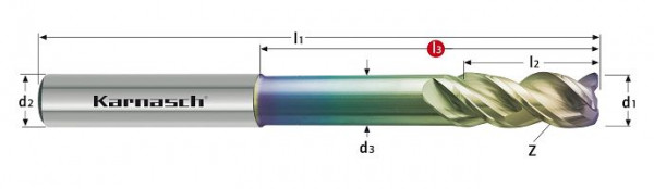 Karnasch VHM-Schaftfräser lang gewuchtet HSC/HPC d= 5,0/L3=30/L2= 8/Z=3 NHC-7000, 3062230500030