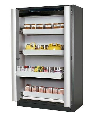 asecos Feuerbeständiger Gefahrstoffschrank Select W-124F, 4 Auszugswannen, Falttüren grau, 233804
