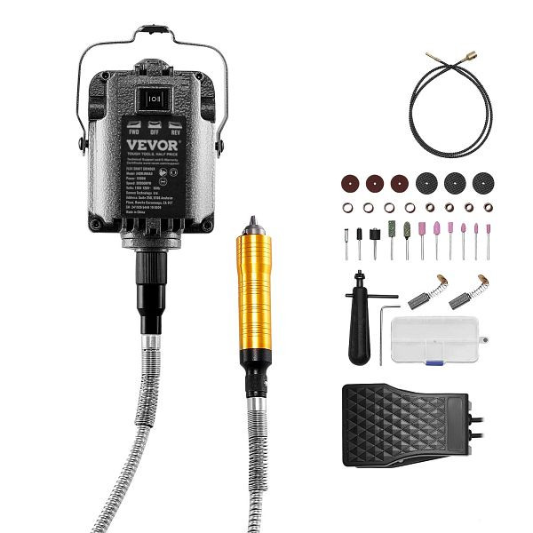 VEVOR Flexwellenschleifer Rotationswerkzeug, 1000W 30000U/min Fußpedal 31-teilig, DDDMJ1000WYXX9PBKV2