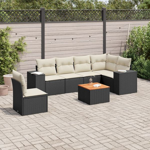 vidaXL 7-teilig Garten-Sofagarnitur mit Kissen Schwarz Poly Rattan, 3257799