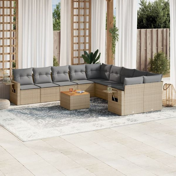 vidaXL 11-teilig Garten-Sofagarnitur mit Kissen Beige Poly Rattan, 3224757