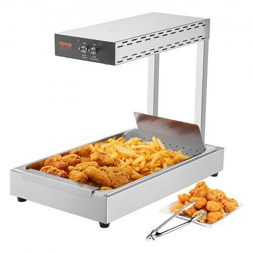 VEVOR Pommes-Frites-Speisewärmer, 750 W, elektrische Edelstahl-Wärmelicht-Abgabestation, Arbeitsplatte 104-122 °F, DLWSTBWT20L1SLS00V2