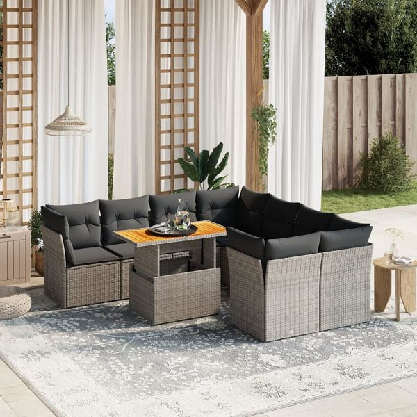 vidaXL 9-tlg. Garten-Sofagarnitur mit Kissen Grau Poly Rattan, 3270724
