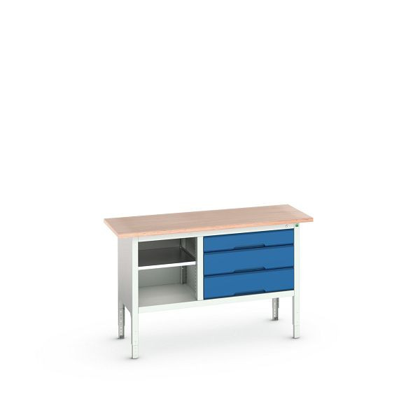 bott verso Kastenwerkbank mit einstellbarer Arbeitshöhe und offenem Schrank mit 3 Schubladen, 1500x600x830-930mm, Lichtgrau/Enzianblau, 16923013.11