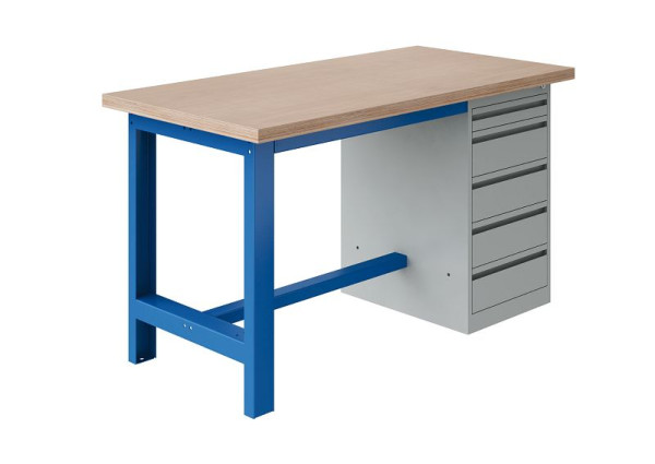SOFAME SI Werkbank, 1800x750x840mm, Multiplex-Platte 40 mm mit Unterbau-Container 1 Schublade 75 + 4 Schubladen 150mm, Himmelblau RAL 5015, W010010721BI