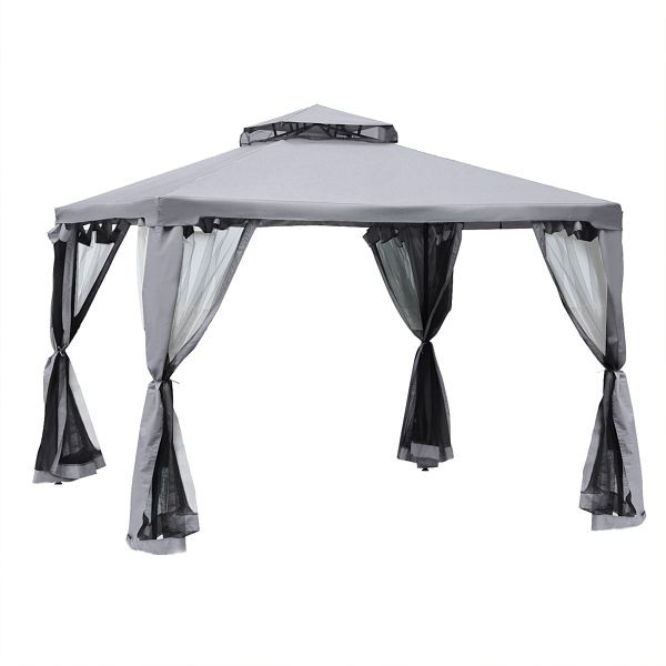 Outsunny Pavillon mit Doppeldach, 3x2 m Wasserdicht Stabil Winterfest mit Moskitonetz, Seitenteile, aus Metall, für Garten, Terrasse, Hellgrau, 84C-133GY