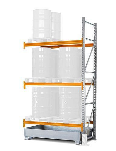 DENIOS Palettenregal PR 18.37 für 6 Euro- oder 3 Chemiepaletten, 3 Ebenen, Anbaufeld, 266314