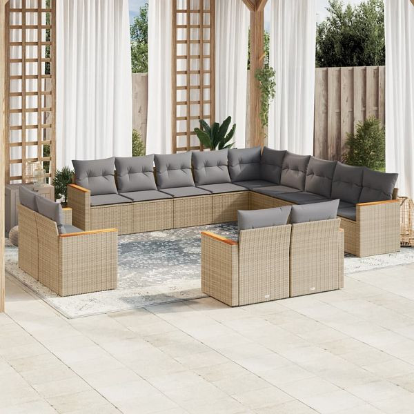 vidaXL 13-teilig Garten-Sofagarnitur mit Kissen Beige Poly Rattan, 3226528
