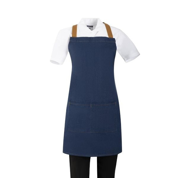 Southside Schürze in kurzer Länge mit X-Rücken Denim Blau mit Tan-Trägern, BA159