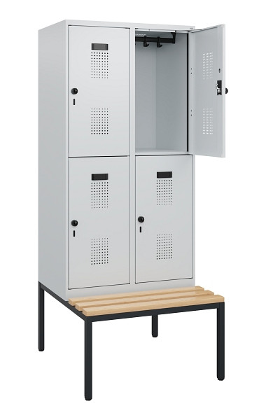 C+P Doppelstöckiger Spind Evolo PLUS, Bank, 4 Fächer, 1950x800x815mm, 7035/7035, Drehriegel, Sitzfläche Buche-Hartholz, Sitzbank, 0493505-22 S10013
