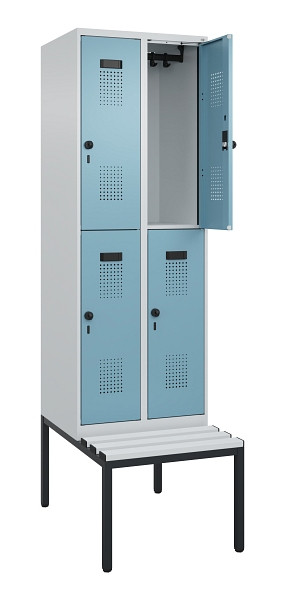 C+P Doppelstock-Spind Evolo PLUS, Bank, 4 Fächer, 2120x600x815mm, 7035/0010, Drehriegel, Sitzfläche Kunststoff, Sitzbank, 0493507-20 S10090