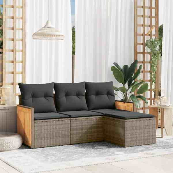 vidaXL 4-tlg. Garten-Sofagarnitur mit Kissen Grau Poly Rattan, UV-beständig, 3227586