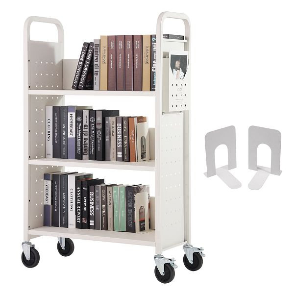 VEVOR Bibliothekswagen 790x385x1250mm 3 Regale 150kg Gewichtskapazität (50kg pro Regal) inkl. 2 Buchstützen Weiß, LXTSGTCBS330RWI6JV0