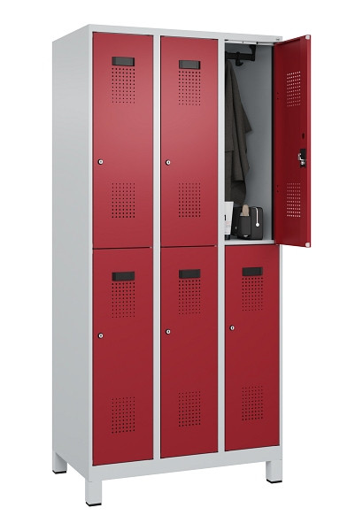 C+P Doppelstöckiger Spind Evolo PLUS, mit Füßen, 6 Fächer, 1950x900x500mm, 7035, Frontfarbe RAL 3003 Rubinrot, Zylinderschloss, 049310-30 S10031
