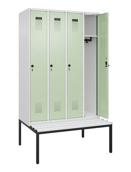 C+P Spind Evolo PLUS, 4 Abteile, 2120x1200x815mm, 9016/6019, Haken 3, Drehriegel, Sitzfläche Kunststoff, Sitzbank, 0490507-40 S10073