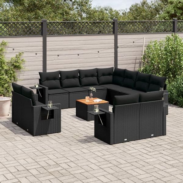 vidaXL 12-teilig Garten-Sofagarnitur mit Kissen Schwarz Poly Rattan, 3224823