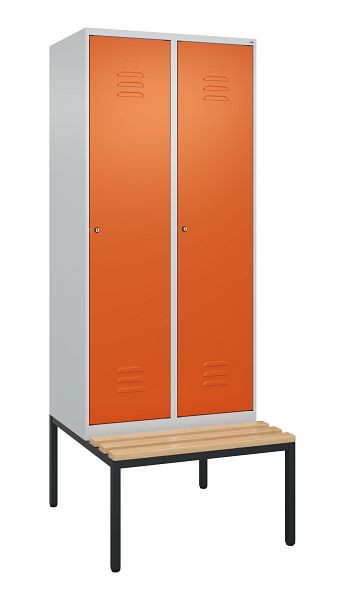 C+P Umkleidespind Classic PLUS mit Mitteltrennwand, Bank, 2 Abteile, 2120x800x815mm, 7035/2004, Zylinderschlösser, Buche-Sitzleisten, 0800507-22F S10120