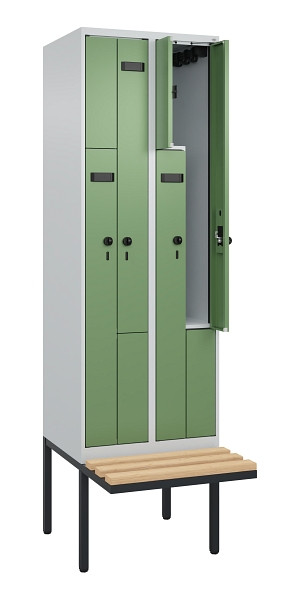 C+P Z-Spind Evolo PLUS, Bank, 4 Fächer, 2120x600x815mm, 7035/6011, Drehriegel, Sitzfläche Holz, 0490437-204 S10002