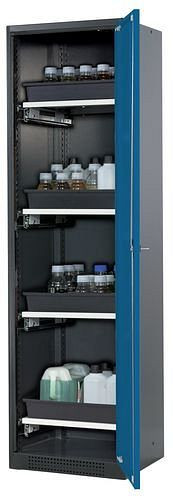 asecos Chemikalienschrank Systema-T CS-54R, Korpus anthrazit, Flügeltüren blau, 4 Tablarauszüge, 208891