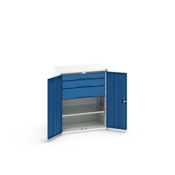 bott verso Flügeltürschrank mit Schubladen, mit 1 Fachboden und 3 Schubladen, BxTxH: 800 x 550 x 1000 mm, Lichtgrau / Enzianblau, 16926454.11