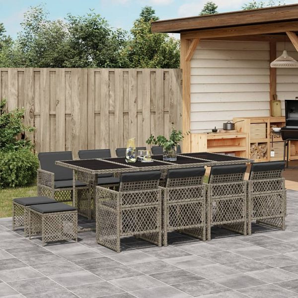 vidaXL 13-teilig Garten-Essgruppe mit Kissen Grau Poly Rattan, 3210800